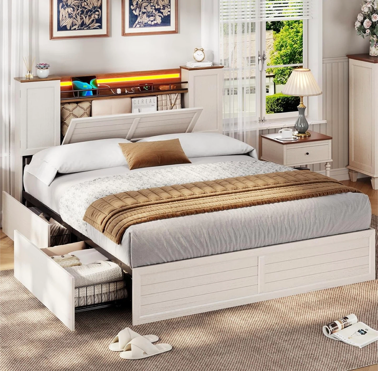 White Storage Bed Frame with Headboard and LED Lights
