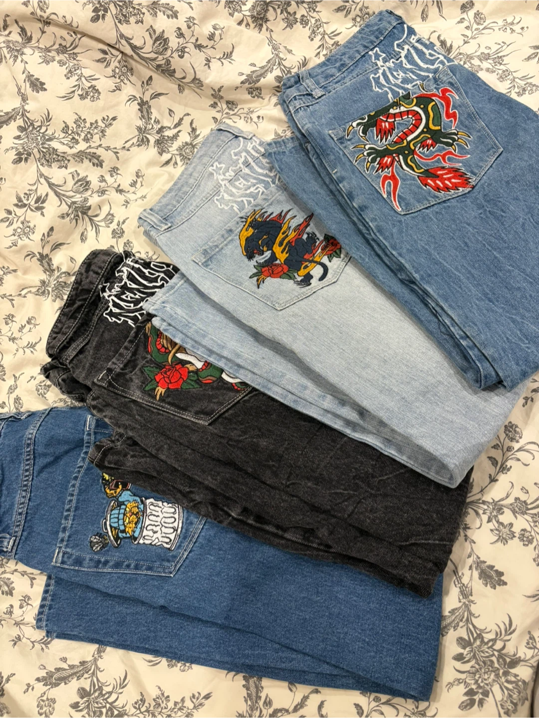 Embroidered Jeans - Dragon, Panther, Rose designs