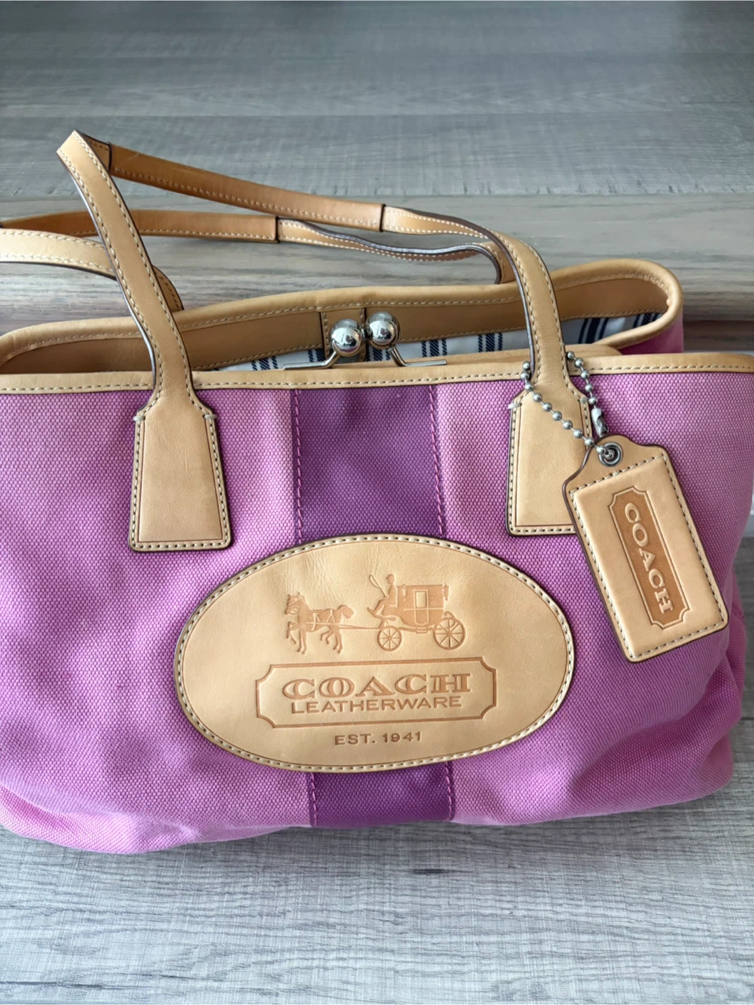Coach Hampton Tote Bag Pink Purple Canvas Leather Trim - photo 2