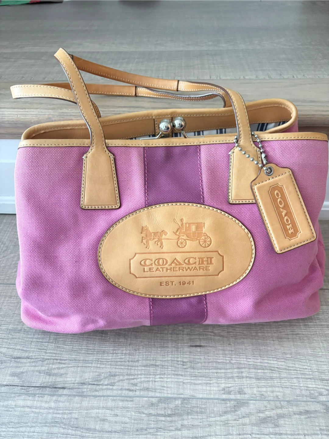 Coach Hampton Tote Bag Pink Purple Canvas Leather Trim