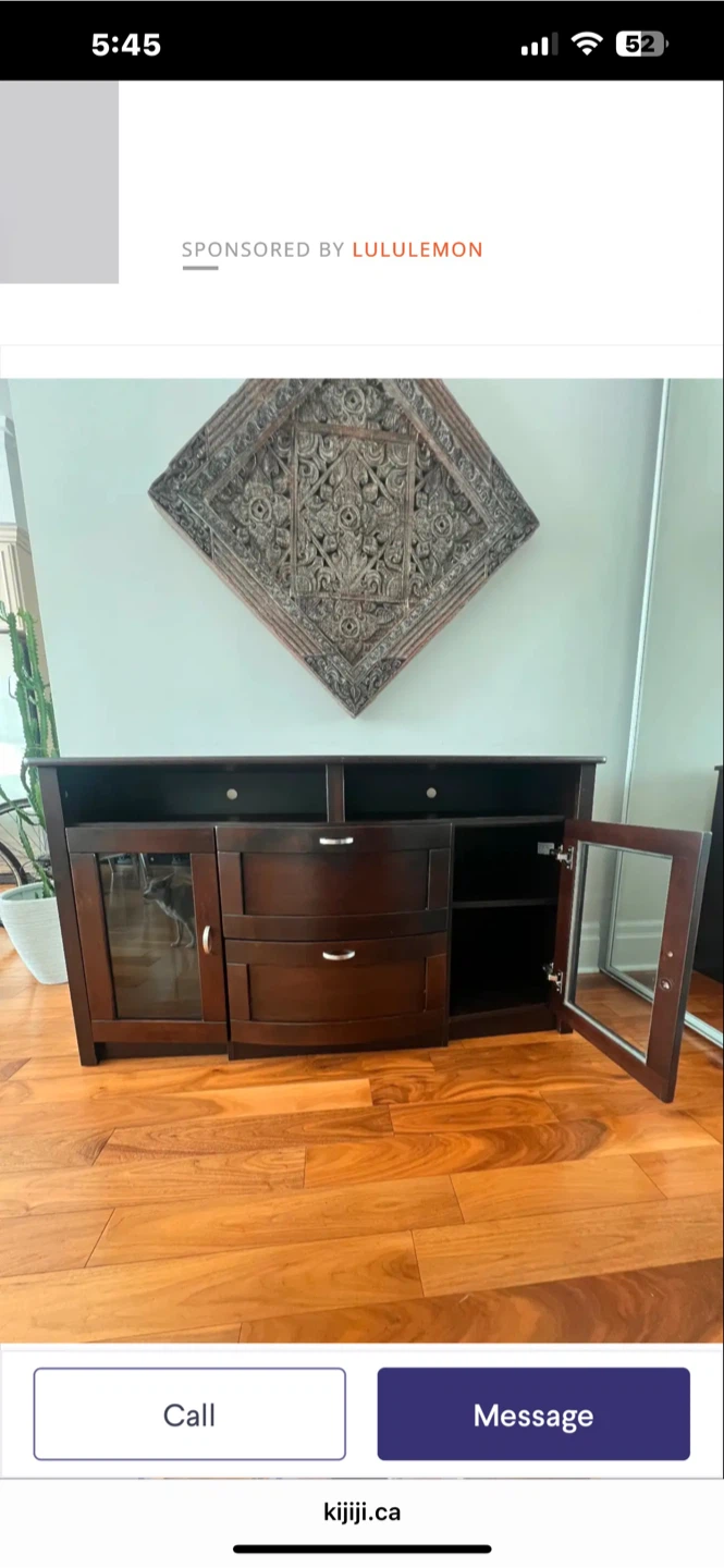 Dark Wood TV Stand with Glass Door Cabinet