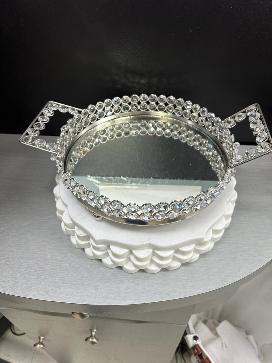 Crystal Beaded Mirrored Vanity Tray with Handles