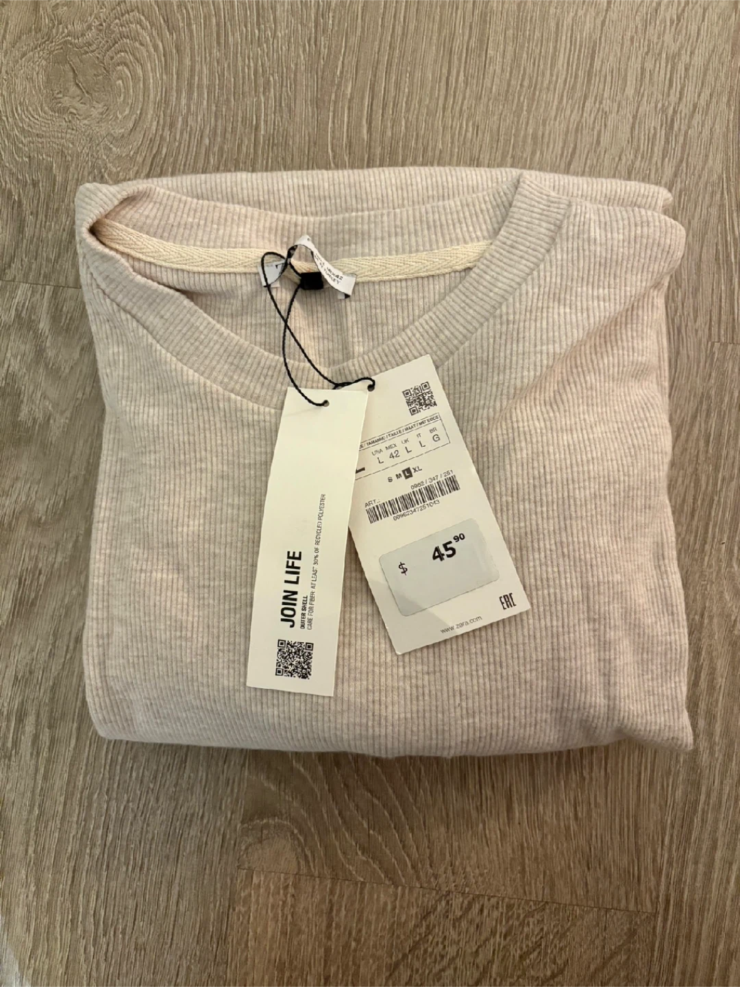 Zara Ribbed Long Sleeve Top Beige Size L