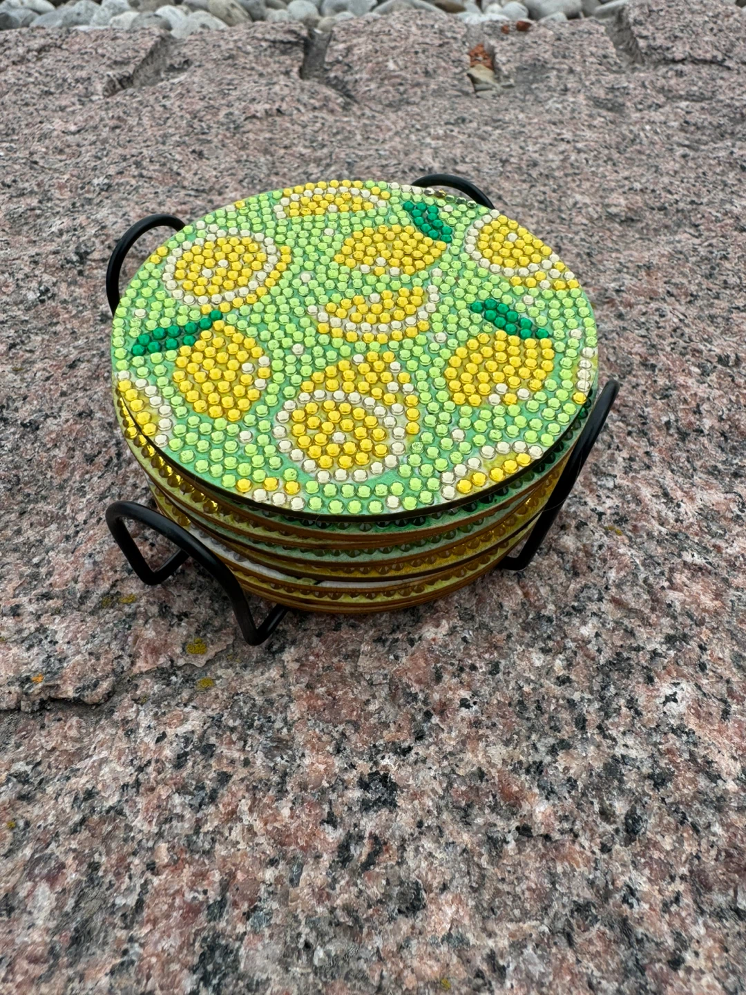 8 Lemon Diamond Art Coasters with Holder