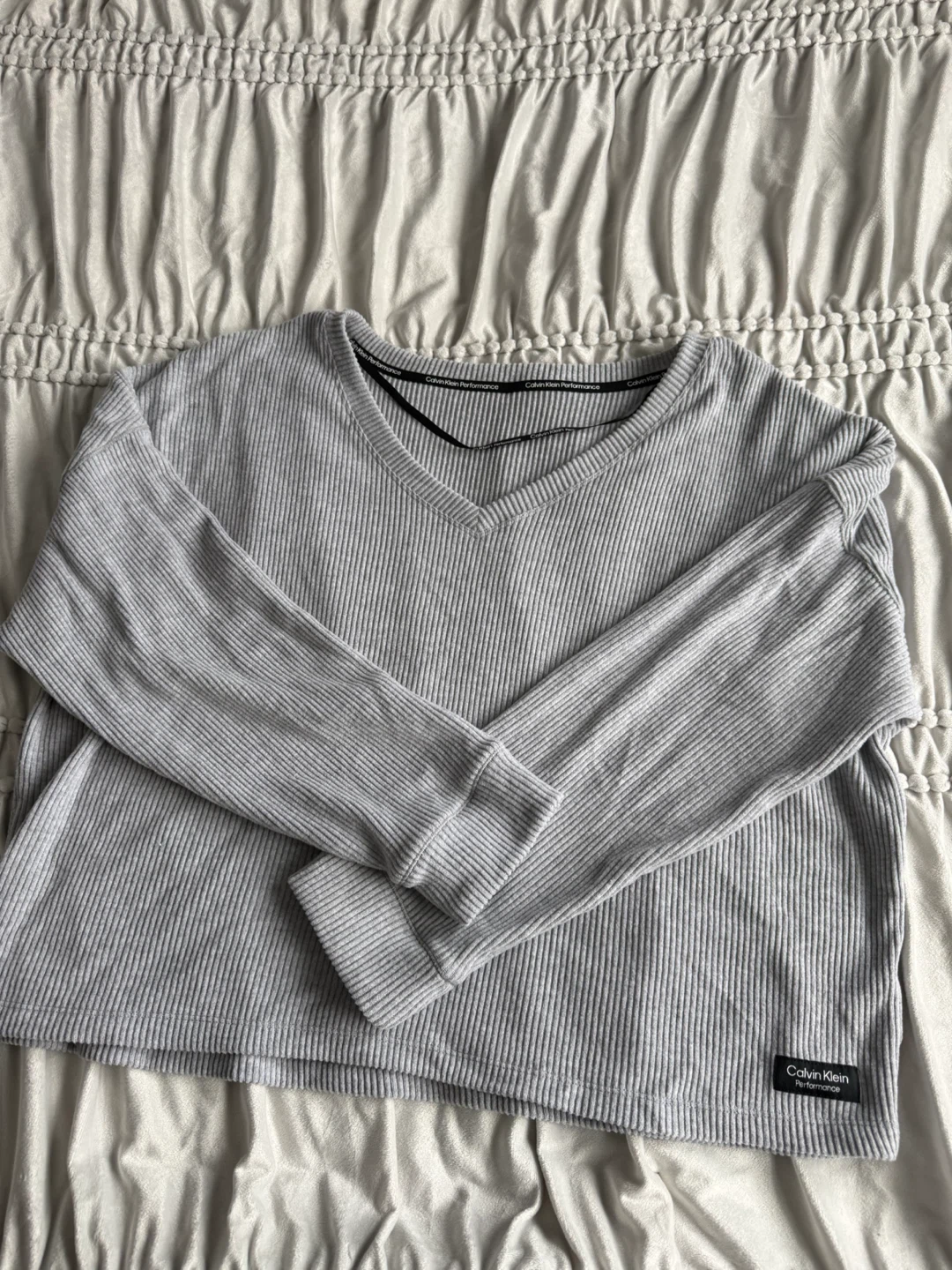 Calvin Klein Performance Ribbed Long Sleeve Top Grey V-Neck