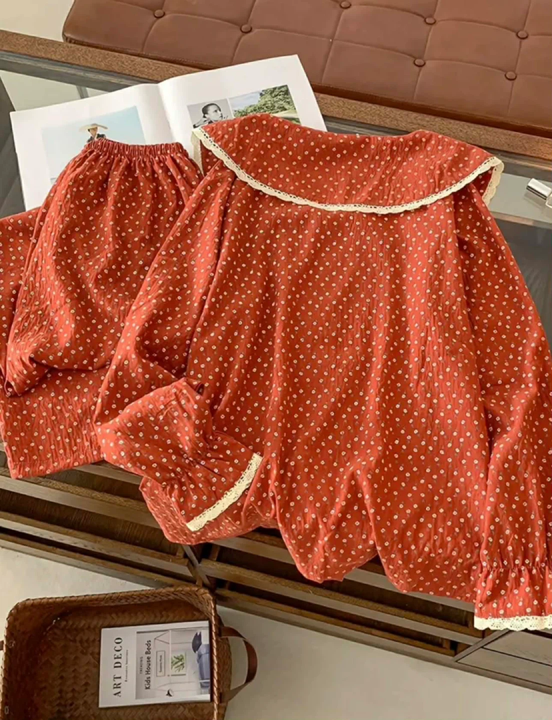 Pajama Set - Red with White Polka Dots and Lace Collar - photo 4