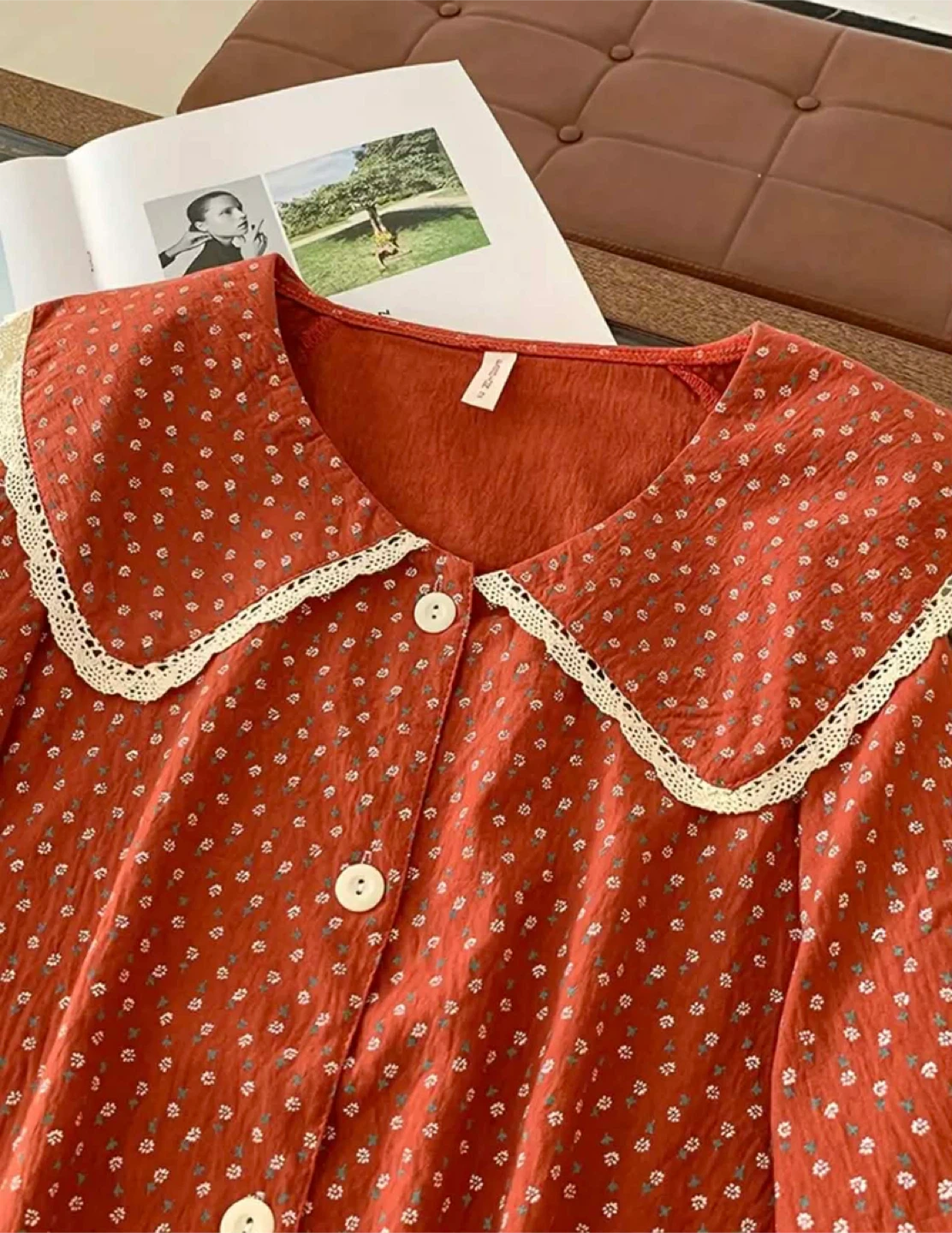 Pajama Set - Red with White Polka Dots and Lace Collar - photo 5