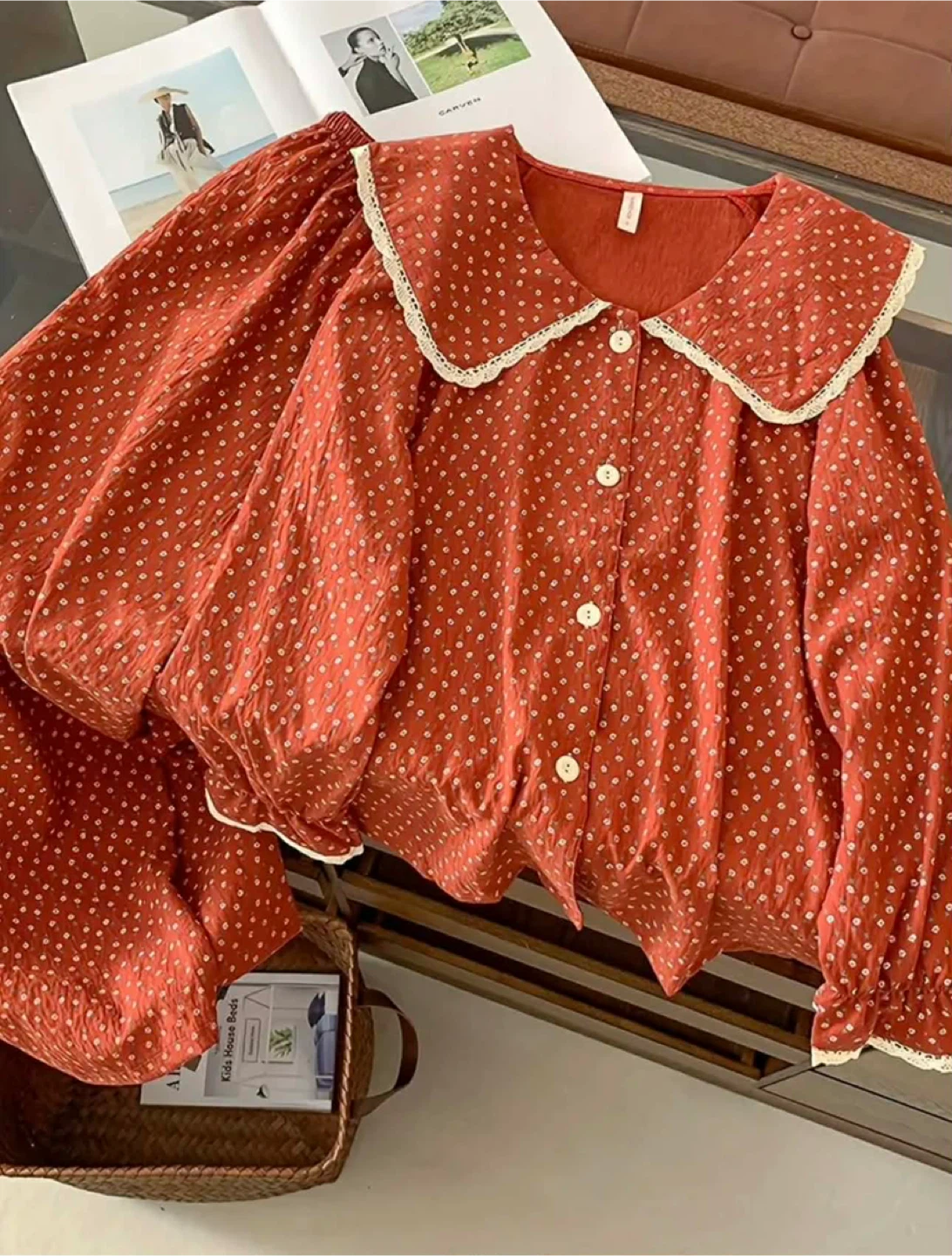 Pajama Set - Red with White Polka Dots and Lace Collar - photo 2