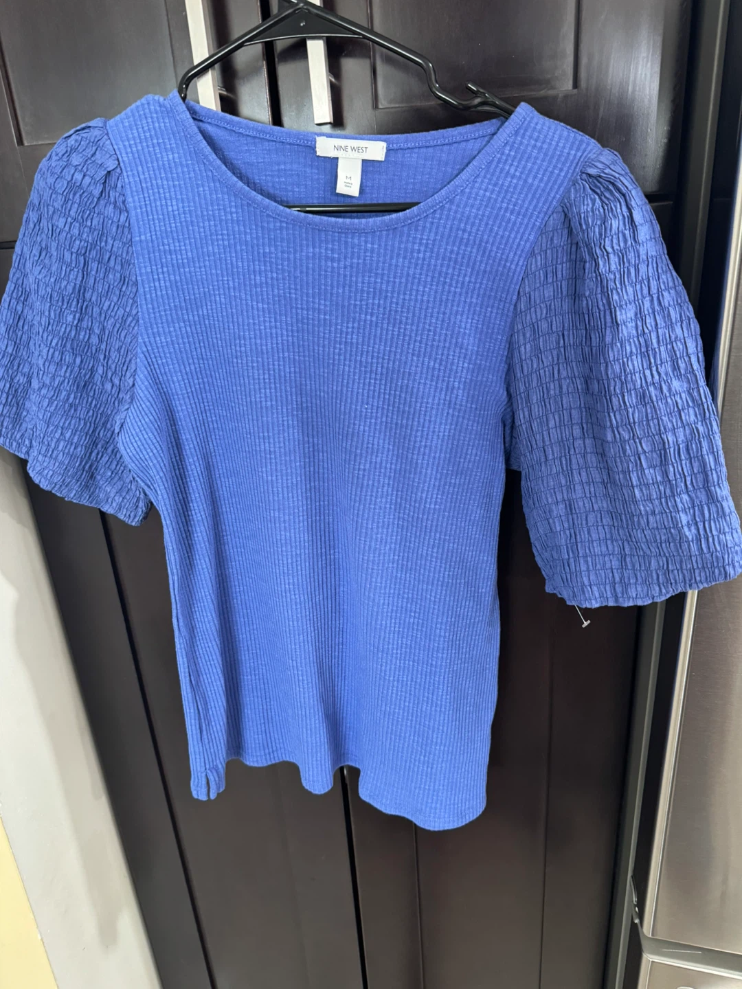 Nine West Blue Ribbed Puff Sleeve Top