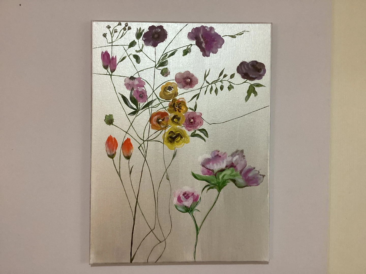 Original Floral Painting on Silver Canvas