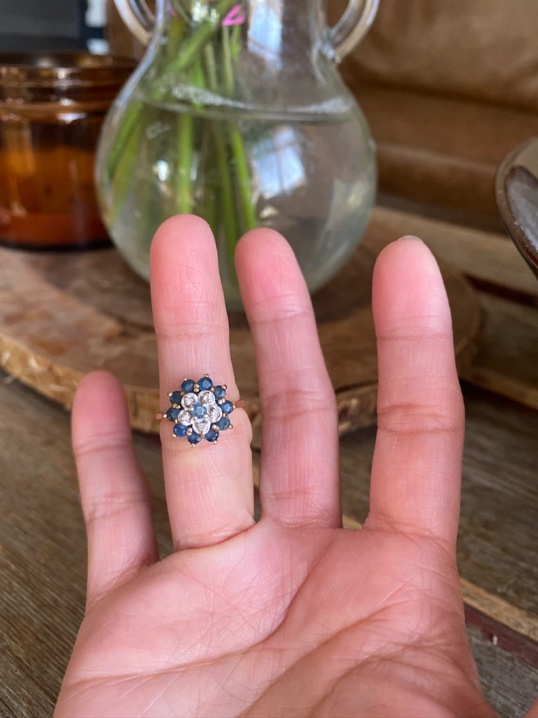 🌸 Vintage Sapphire & Diamond Flower Ring – 10K Gold