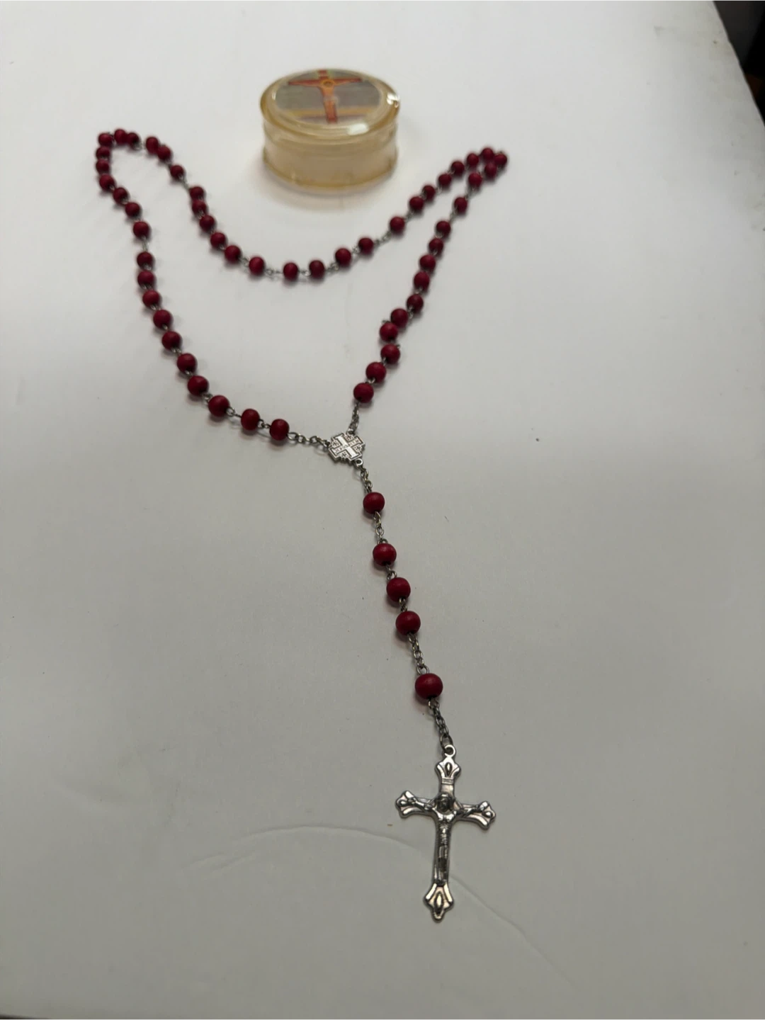 Red Beaded Rosary with Crucifix and Container