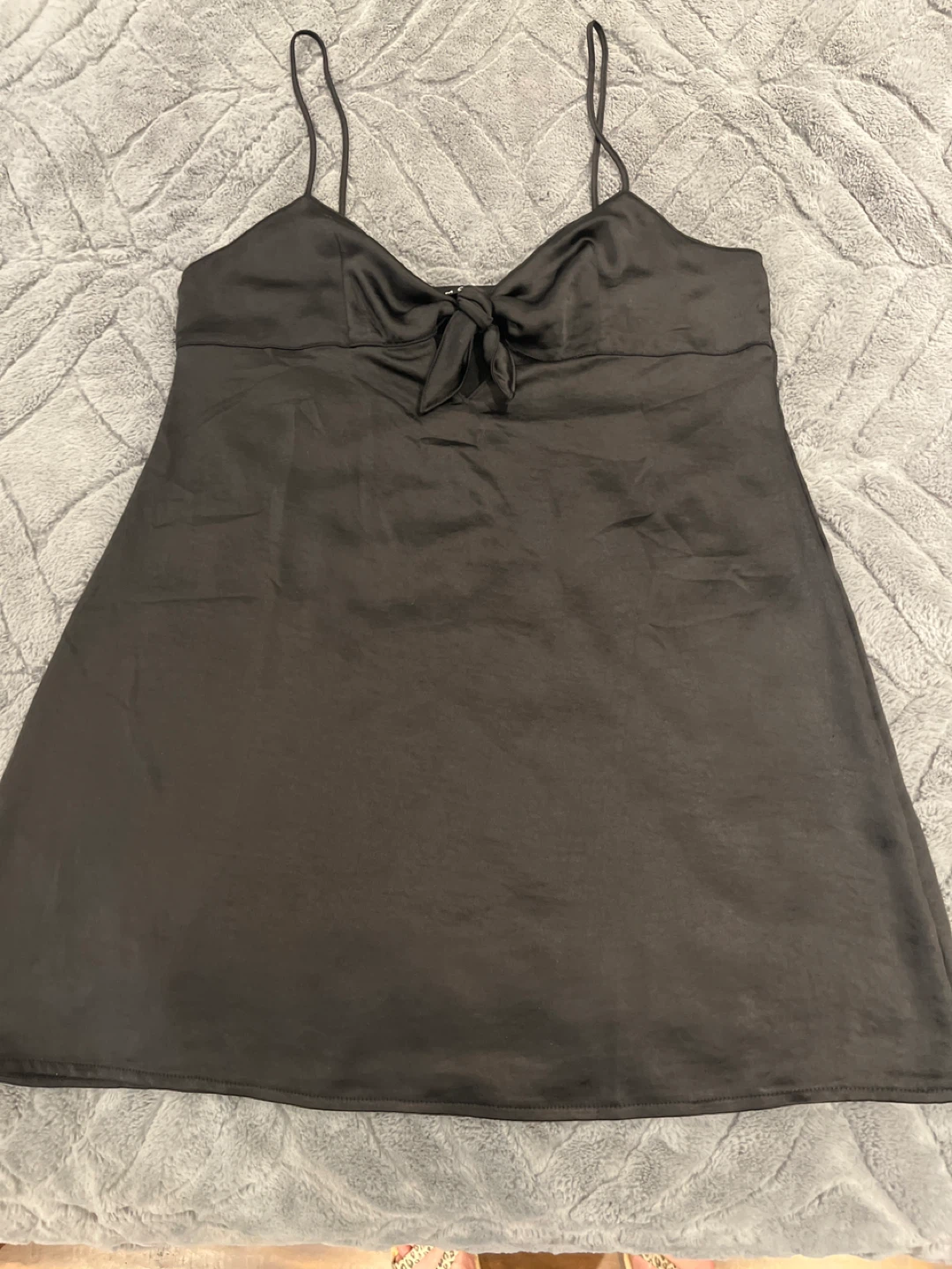 Black satin cami dress with tie front