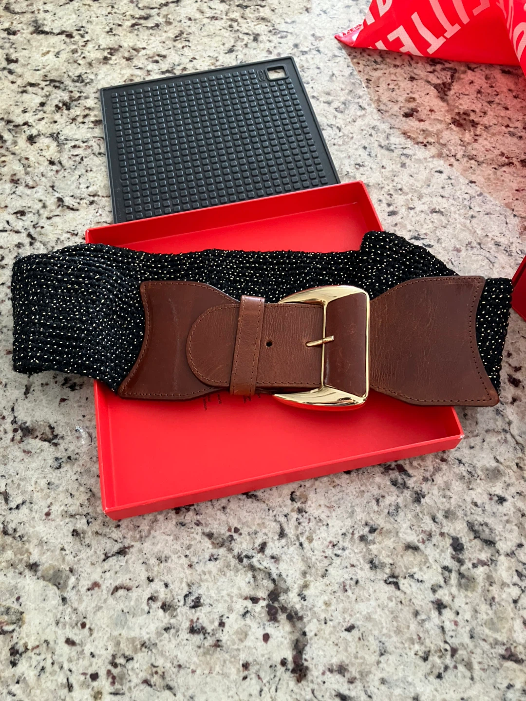 Black & Gold Dot Wide Elastic Belt with Brown Leather Detail