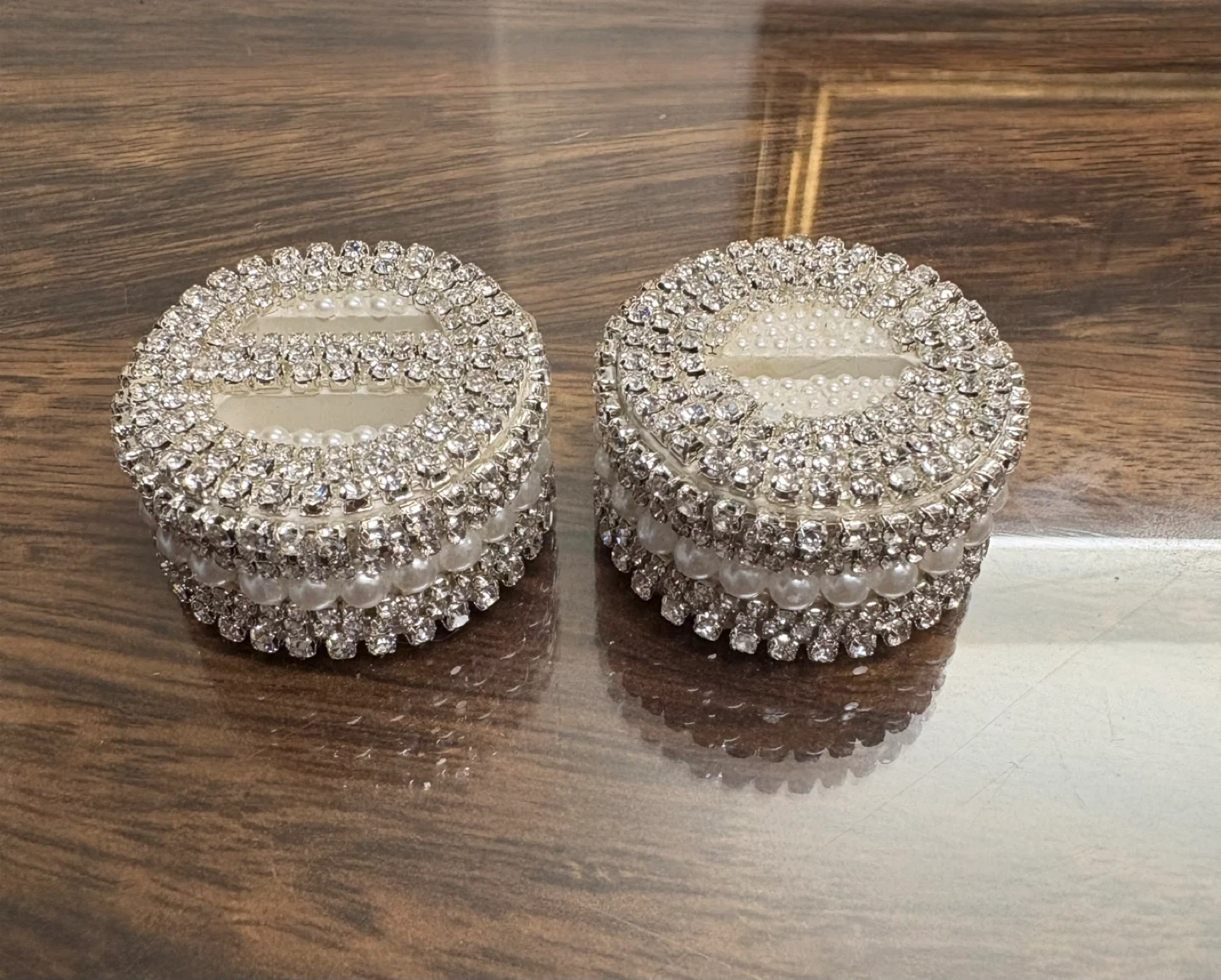 Ring box set of 2 made of silver rhinestone &pearl | Handmade