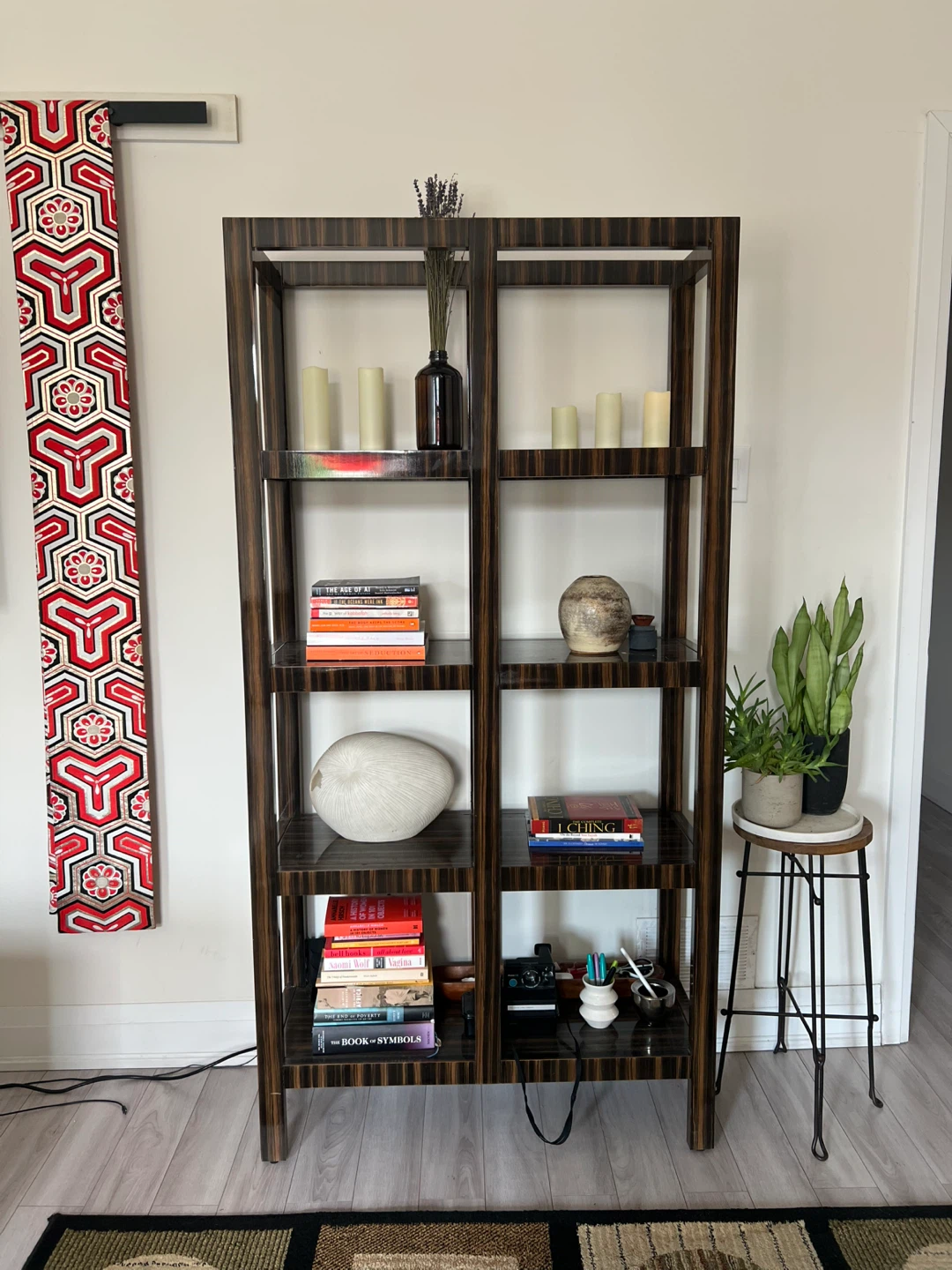 Tall Dark Laquered Wood Bookshelf