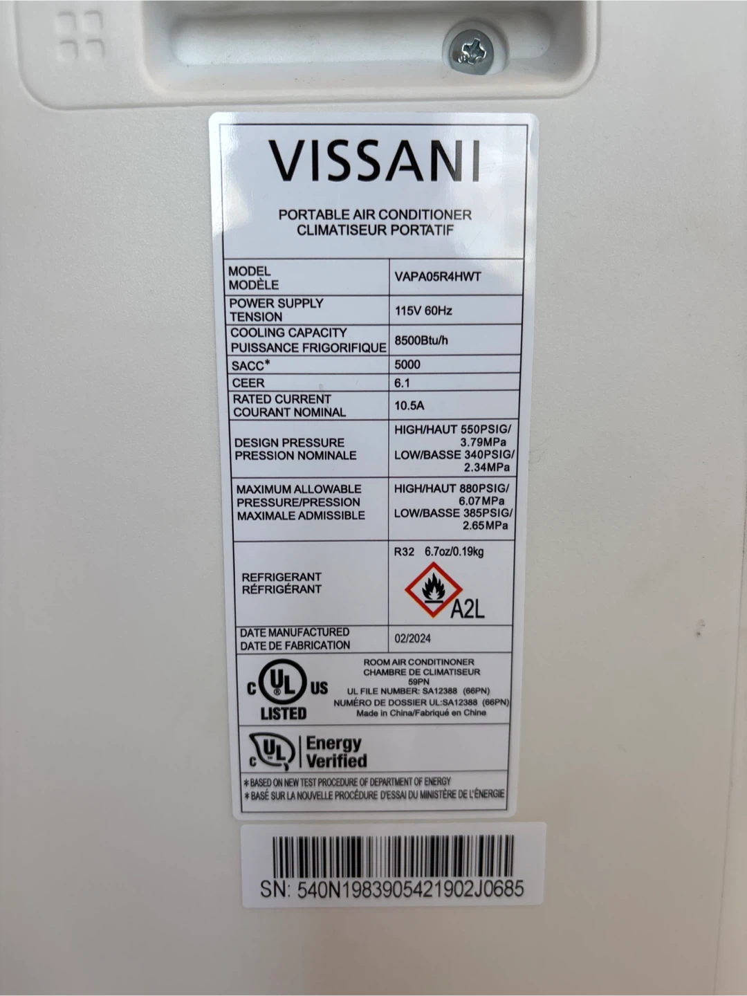 VISSANI Portable Air Conditioner VAPA05R4HWT - photo 2