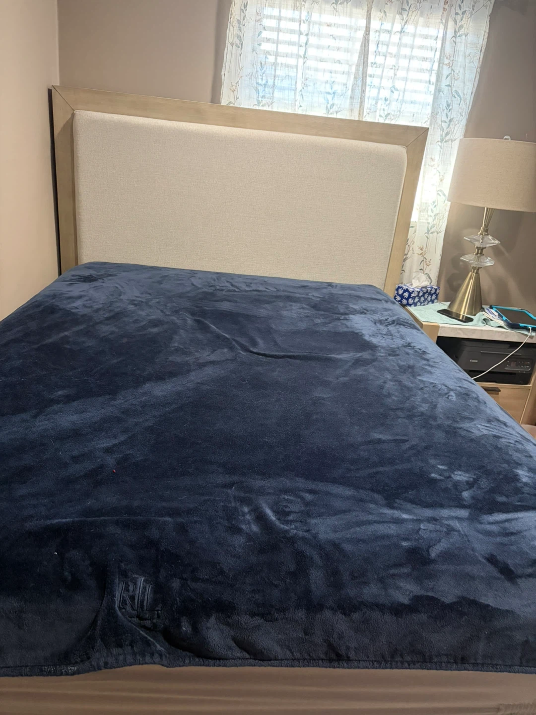 Queen Upholstered Bed Frame with Wood Trim