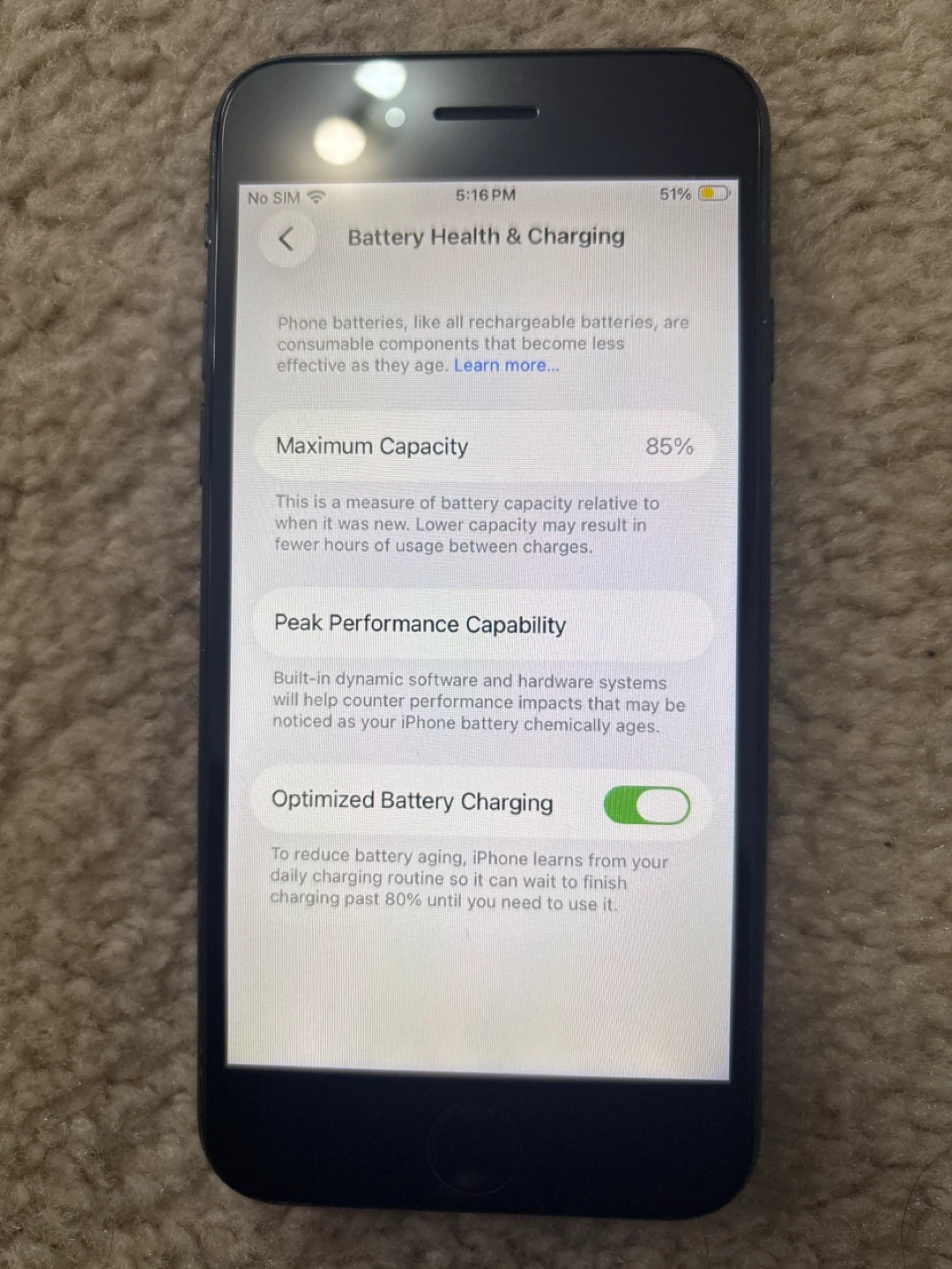 iPhone SE 3 2022Battery Health 85% Maximum Capacity