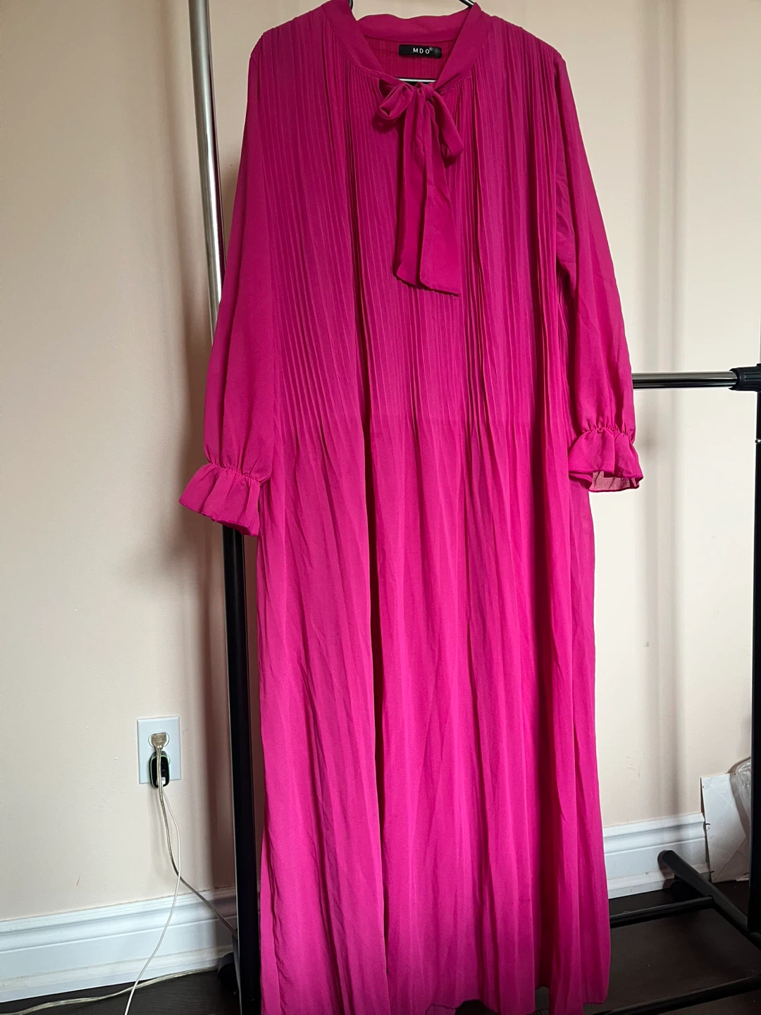 Pink Pleated Maxi Dress with Bow Tie Neck