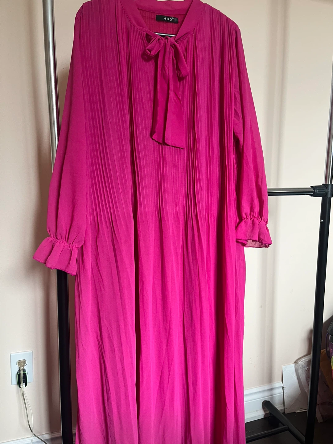 Pink Pleated Maxi Dress with Bow Tie Neck - photo 2
