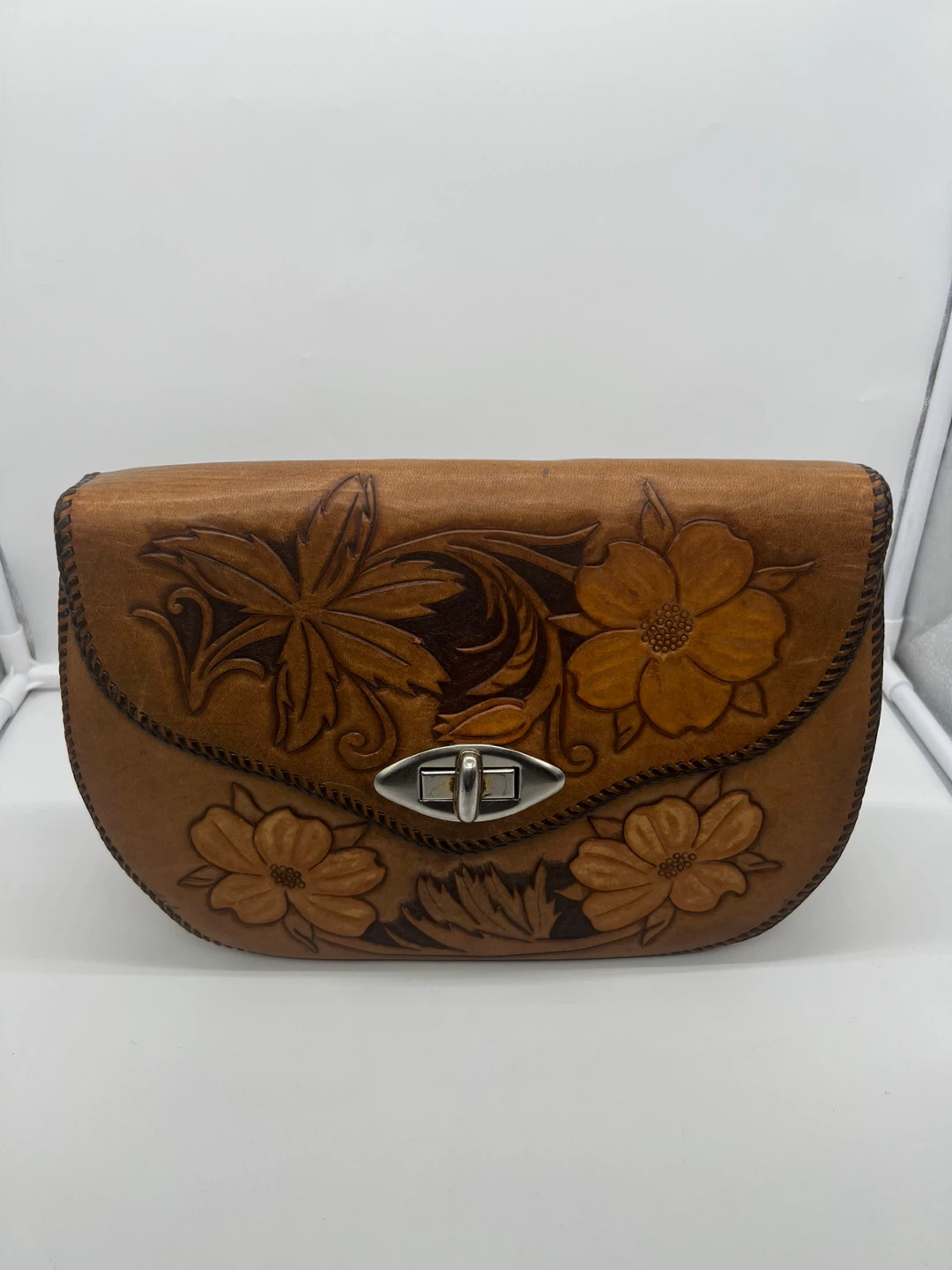 VINTAGE HANDMADE Mexican 70s Tooled Leather Large Crossbody Bag