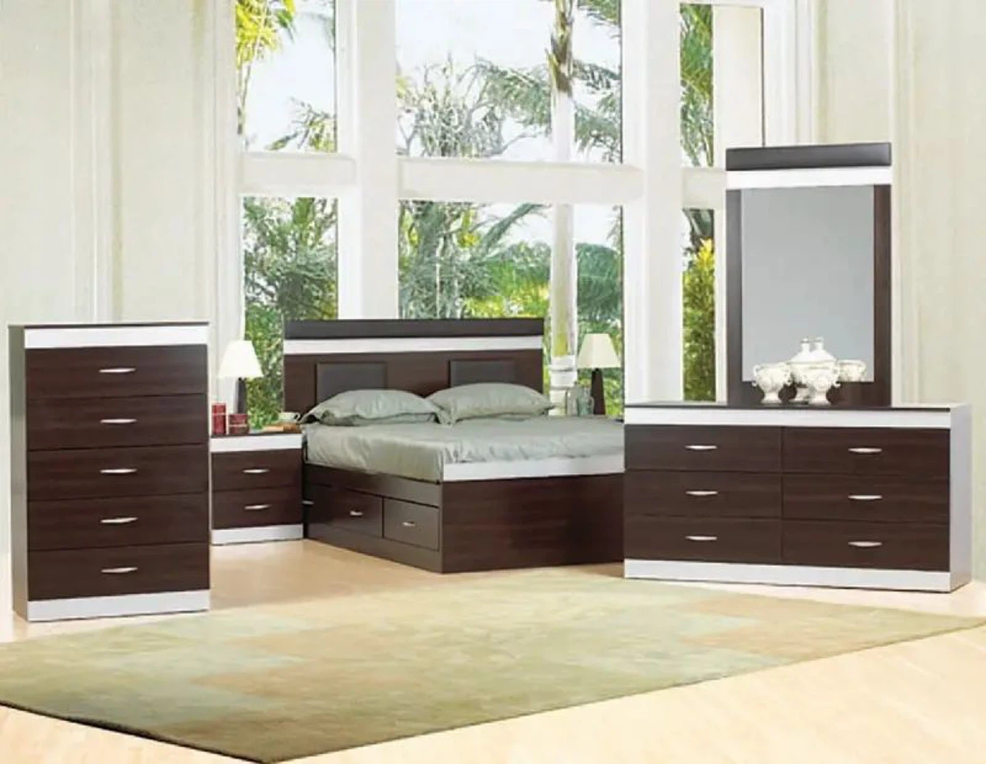 Bedroom Set - Dark Wood with White Accents
