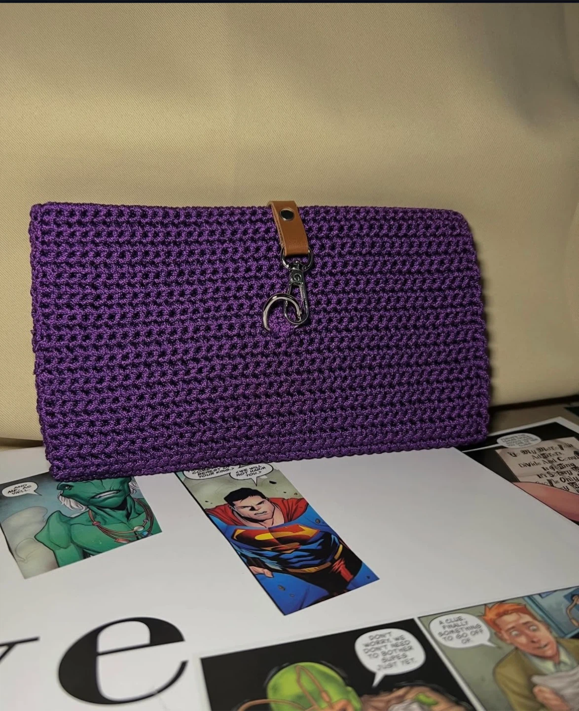 Purple Crochet Clutch/Wallet with Leather Tab