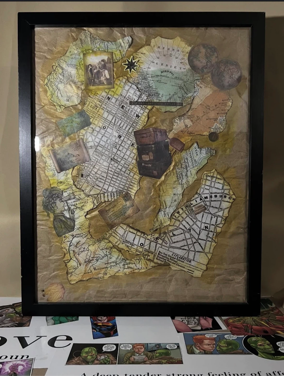 Framed Collage Artwork with Vintage Maps