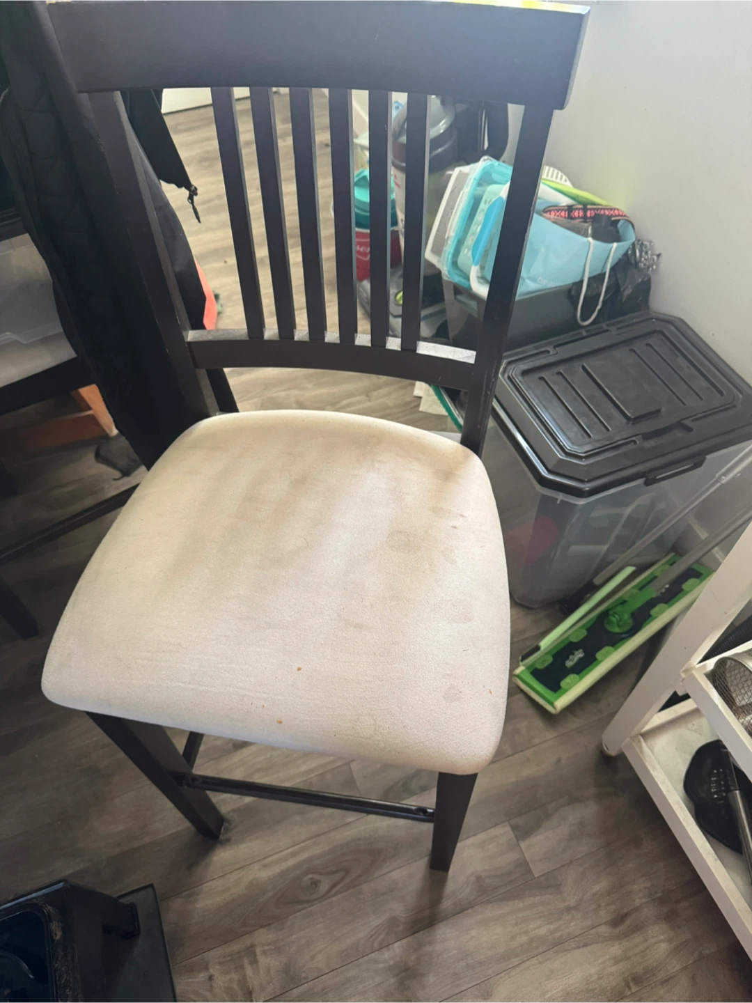 Dark Wood Bar Stool with Tan Fabric Seat