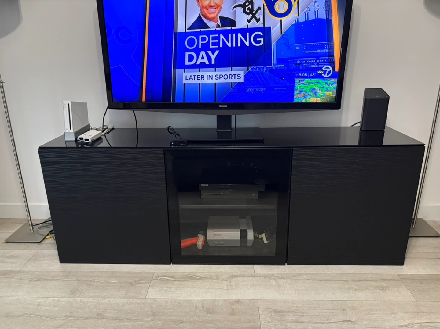 Black IKEA Besta Media Console with Glass Door