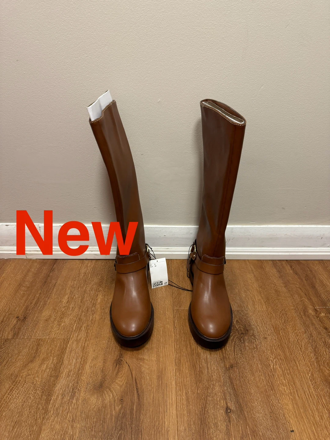 Brown Faux Leather Tall Boots - Size 8 (EUR 39)