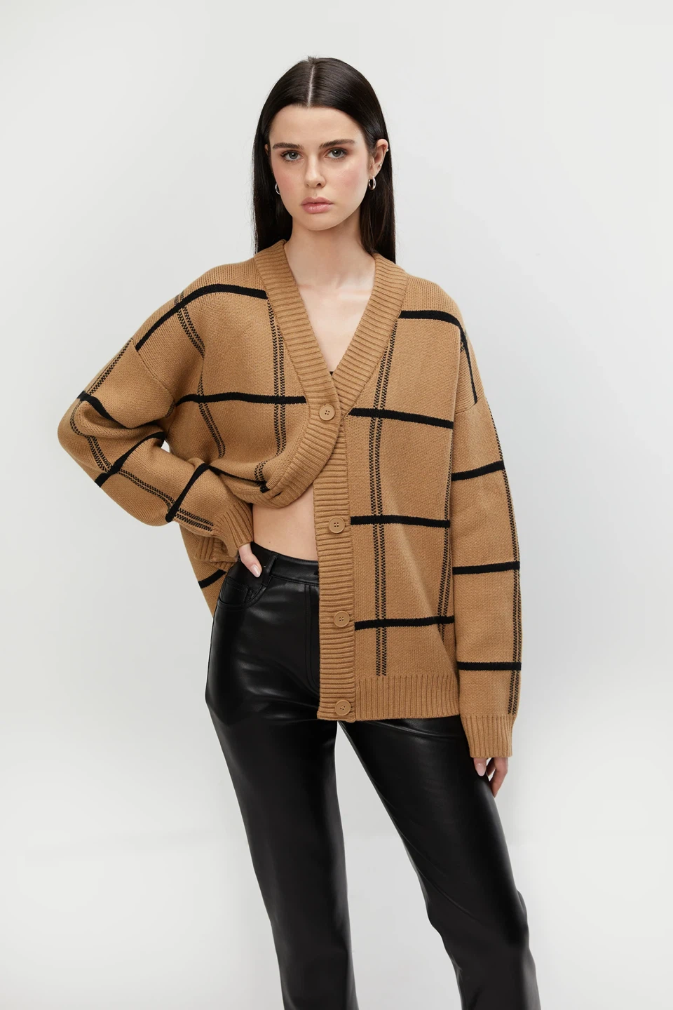Oak + Fort Oversized Plaid Cardigan in Camel size small
