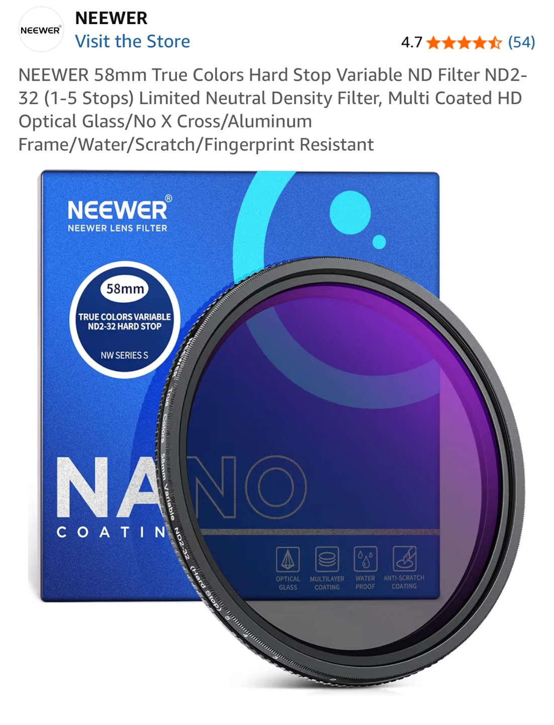Neewer 58mm Variable ND Filter ND2-32 (1-5 Stops)