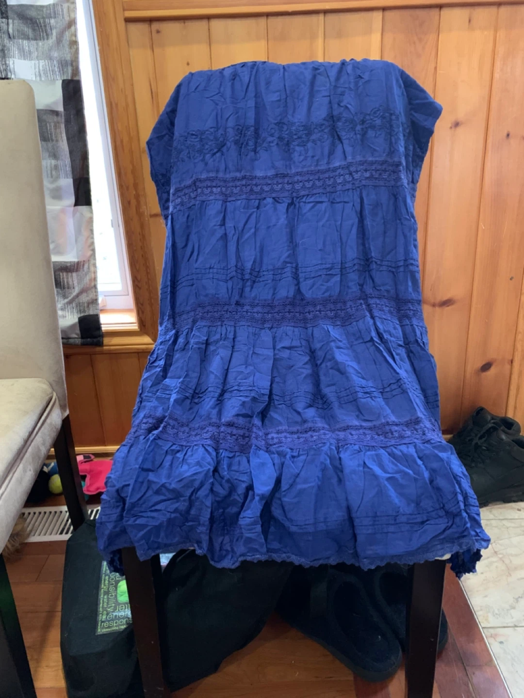 Blue tiered midi skirt with embroidered detail