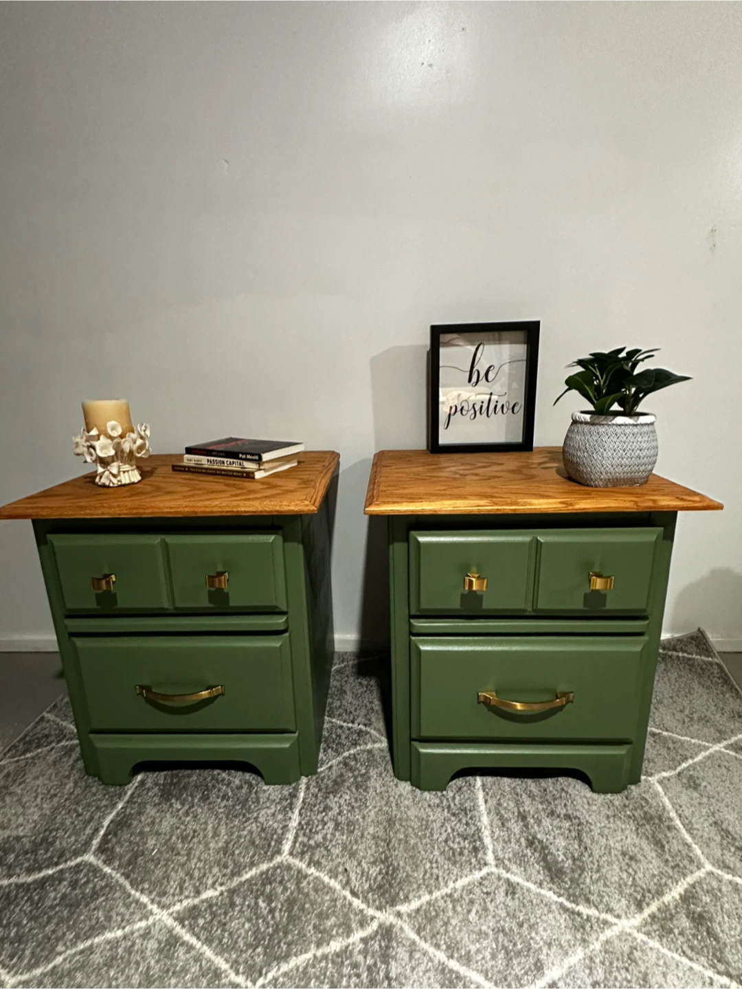 Pair of Green Nightstands with Oak Tops - photo 4