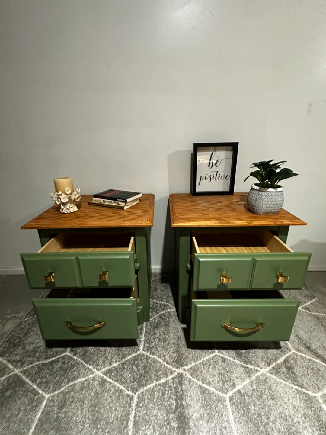 Pair of Green Nightstands with Oak Tops - photo 2