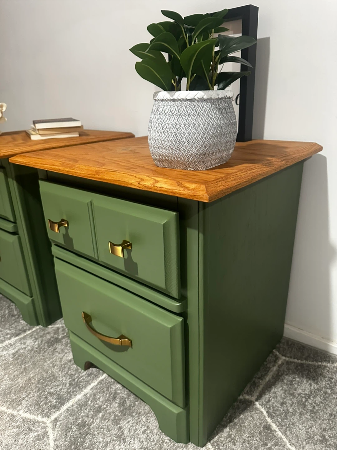Pair of Green Nightstands with Oak Tops - photo 3