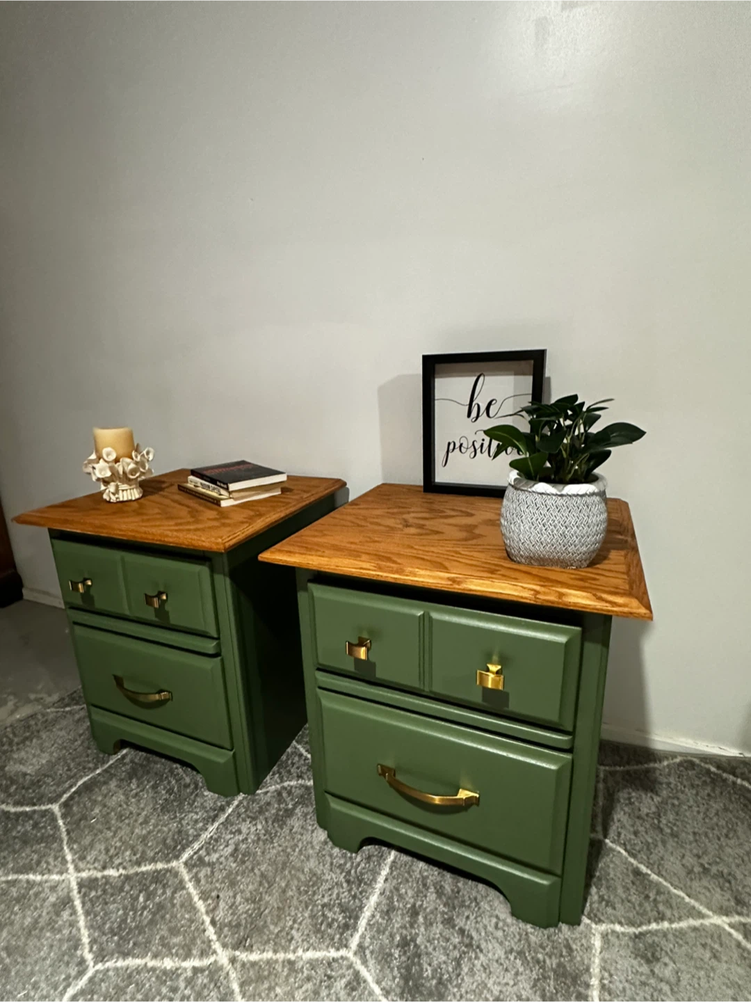 Pair of Green Nightstands with Oak Tops