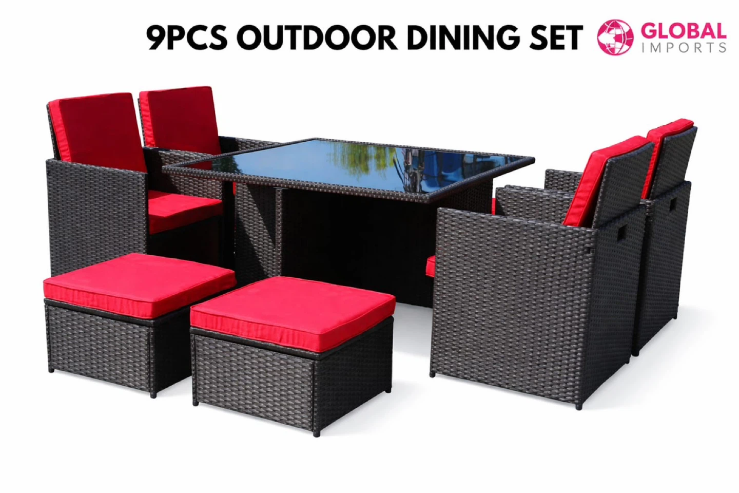 9 Piece Wicker Outdoor Dining Set with Red Cushions