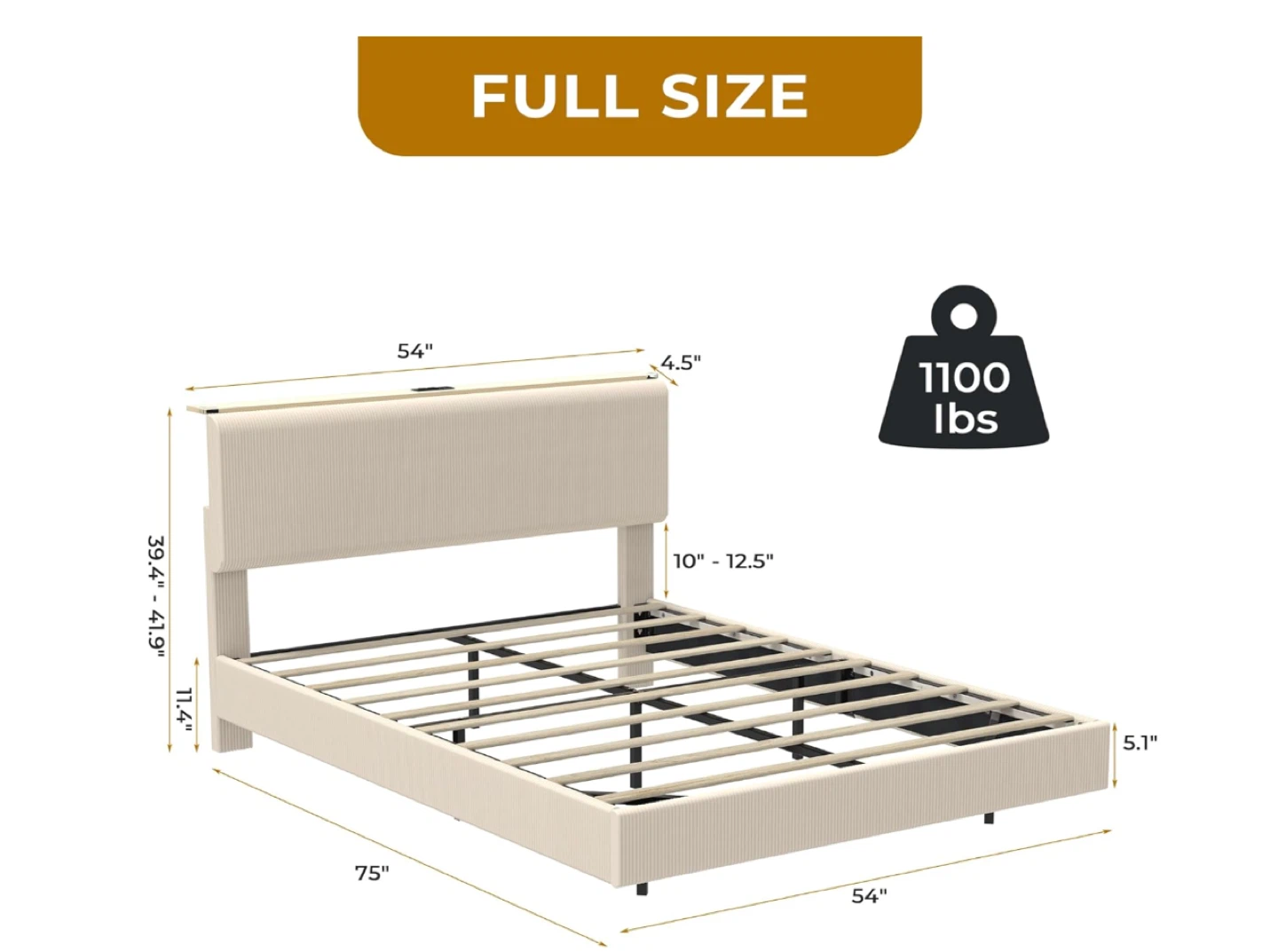 Full Size Bed Frame with Headboard and LED Lights- Beige - photo 4