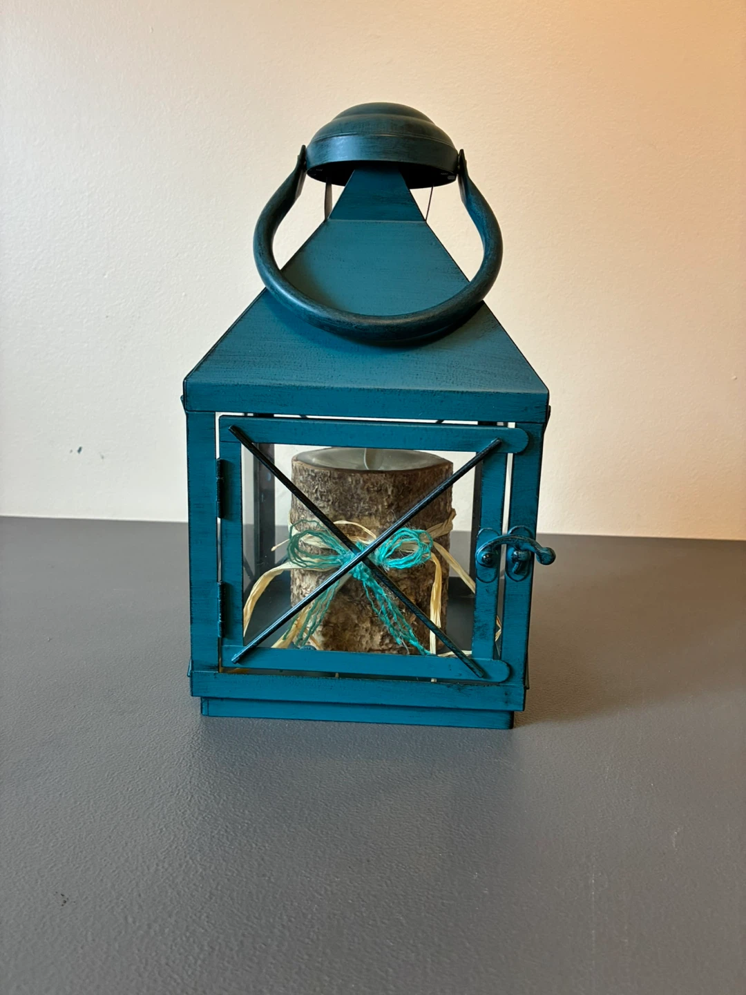 Pier 1 Large 11” Candleholder Turquoise Lantern W/Candle Metal - photo 2
