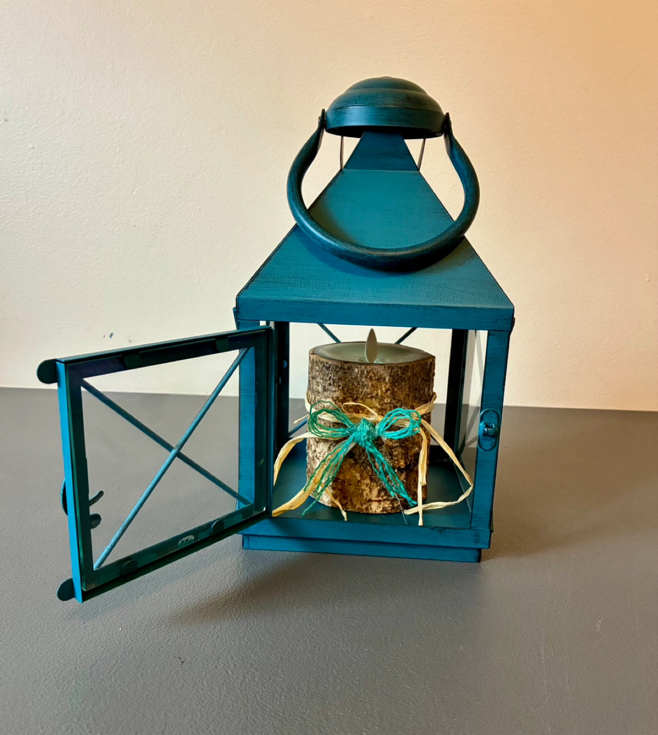 Pier 1 Large 11” Candleholder Turquoise Lantern W/Candle Metal