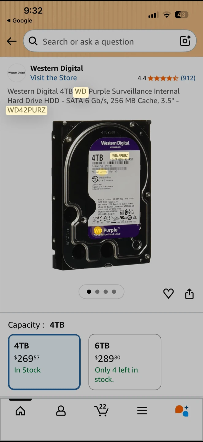 New Western Digital 4TB WD Purple Surveillance Hard Drive