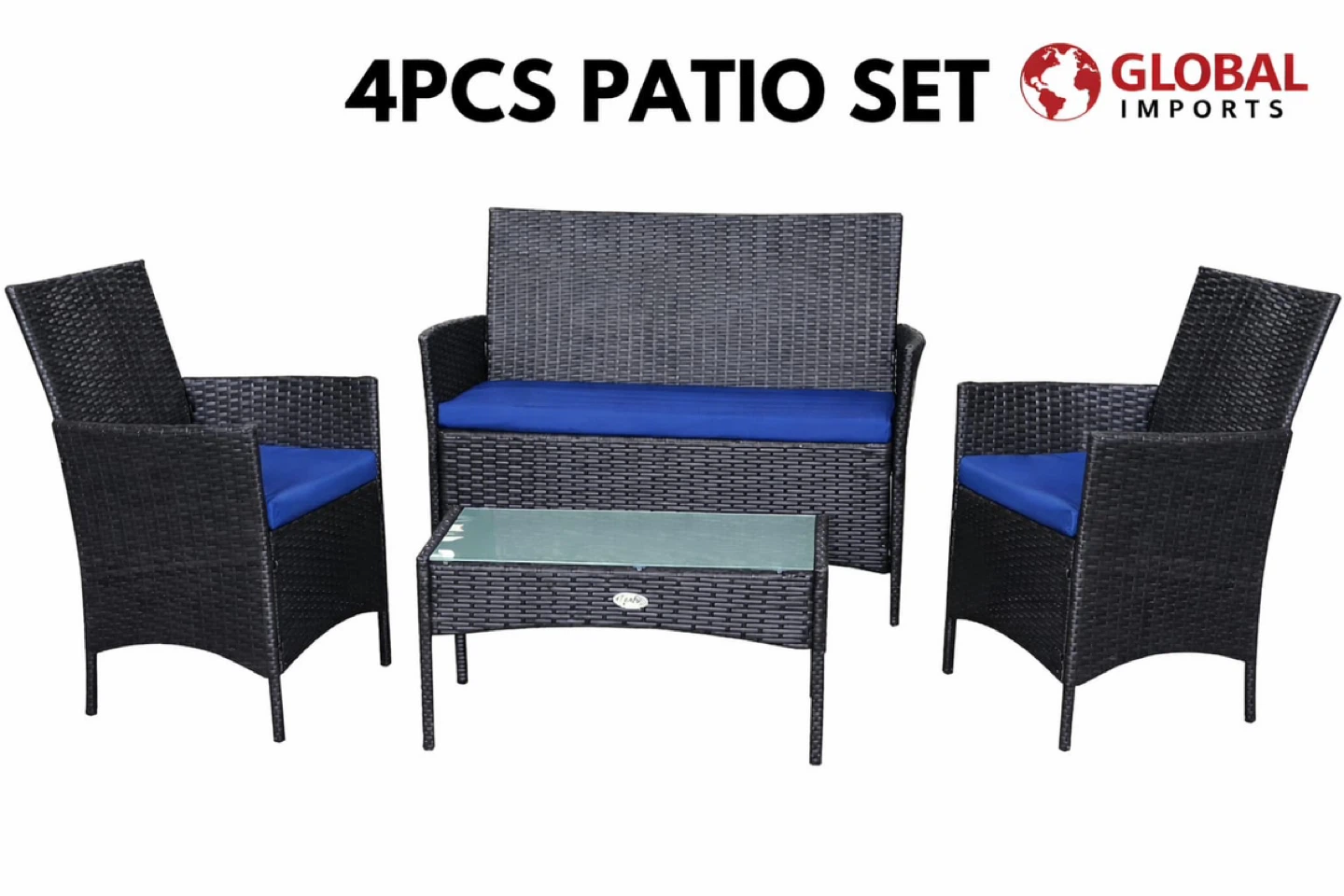 4 Piece Wicker Patio Set with Blue Cushions