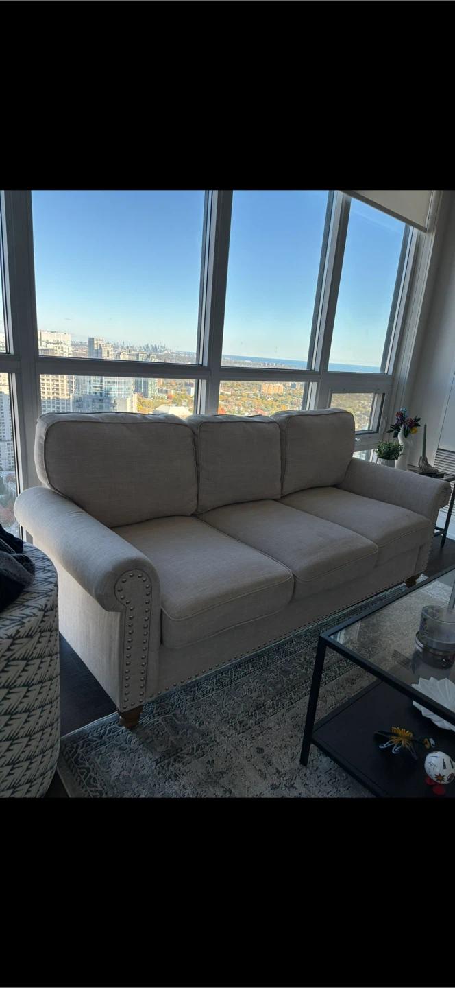 Beige Wayfair Rolled Arm Sofa with Studded Detail