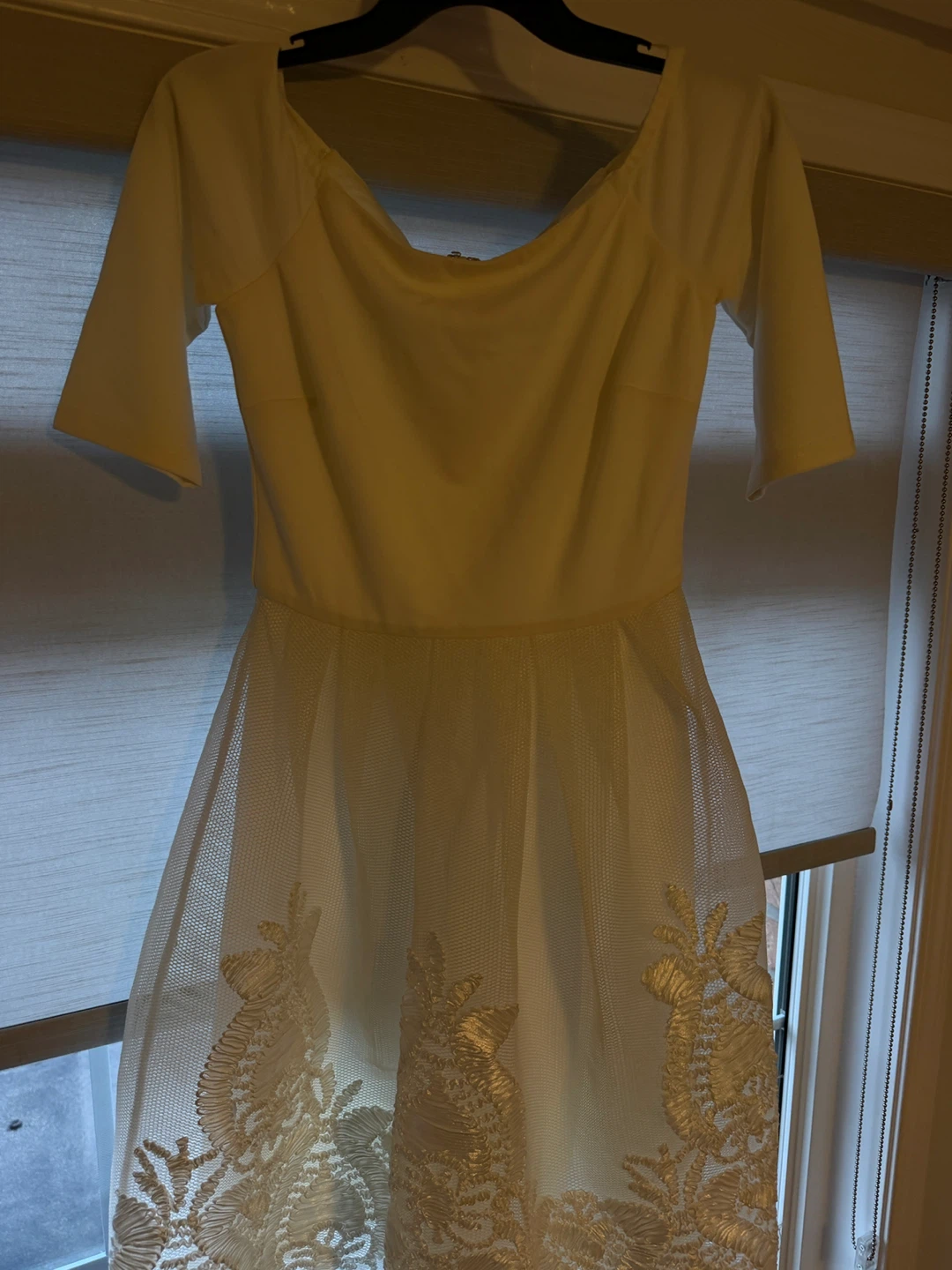 White Off-the-Shoulder Dress with Lace Skirt