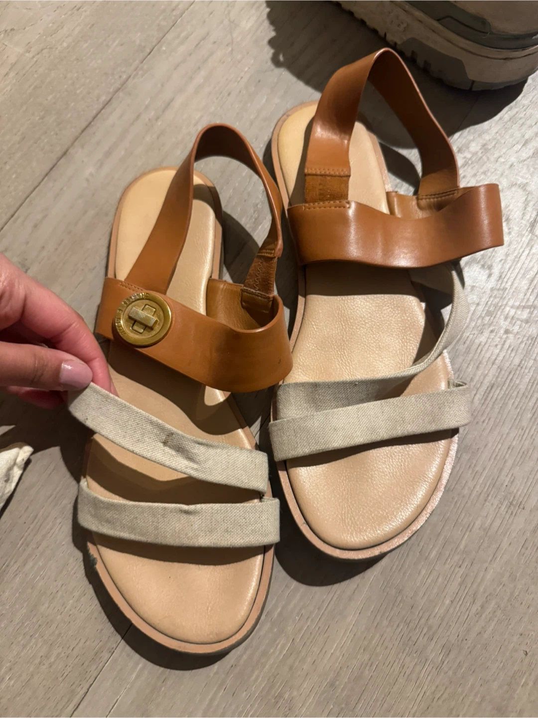 Charles and keith Tan Leather & Canvas Ankle Strap Sandals - photo 2