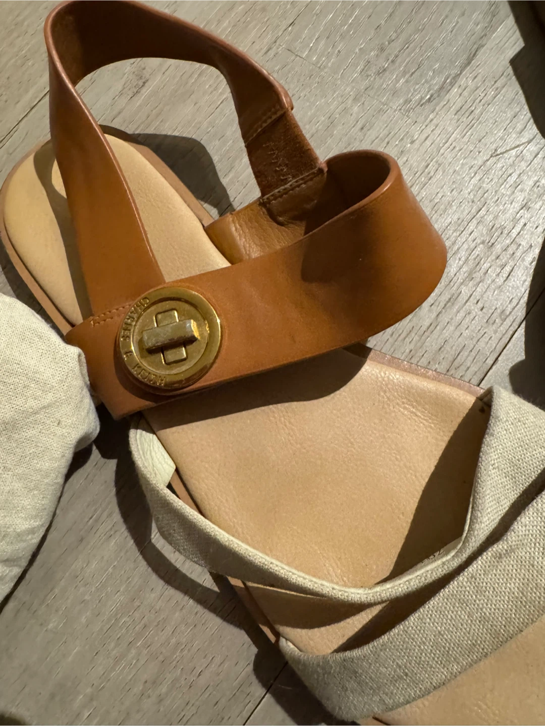 Charles and keith Tan Leather & Canvas Ankle Strap Sandals