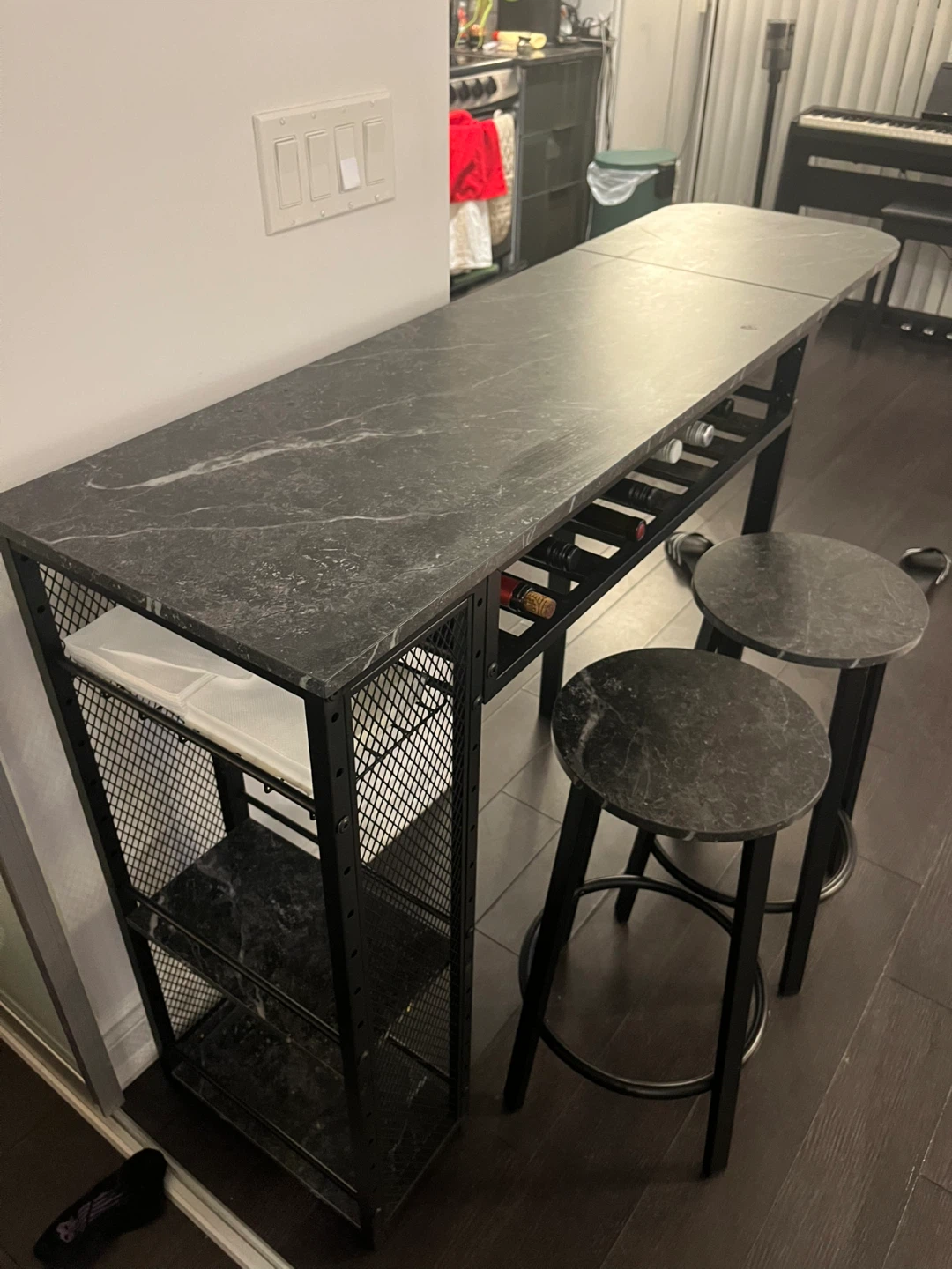 Marble Top Bar Table with Wine Rack and 2 Stools